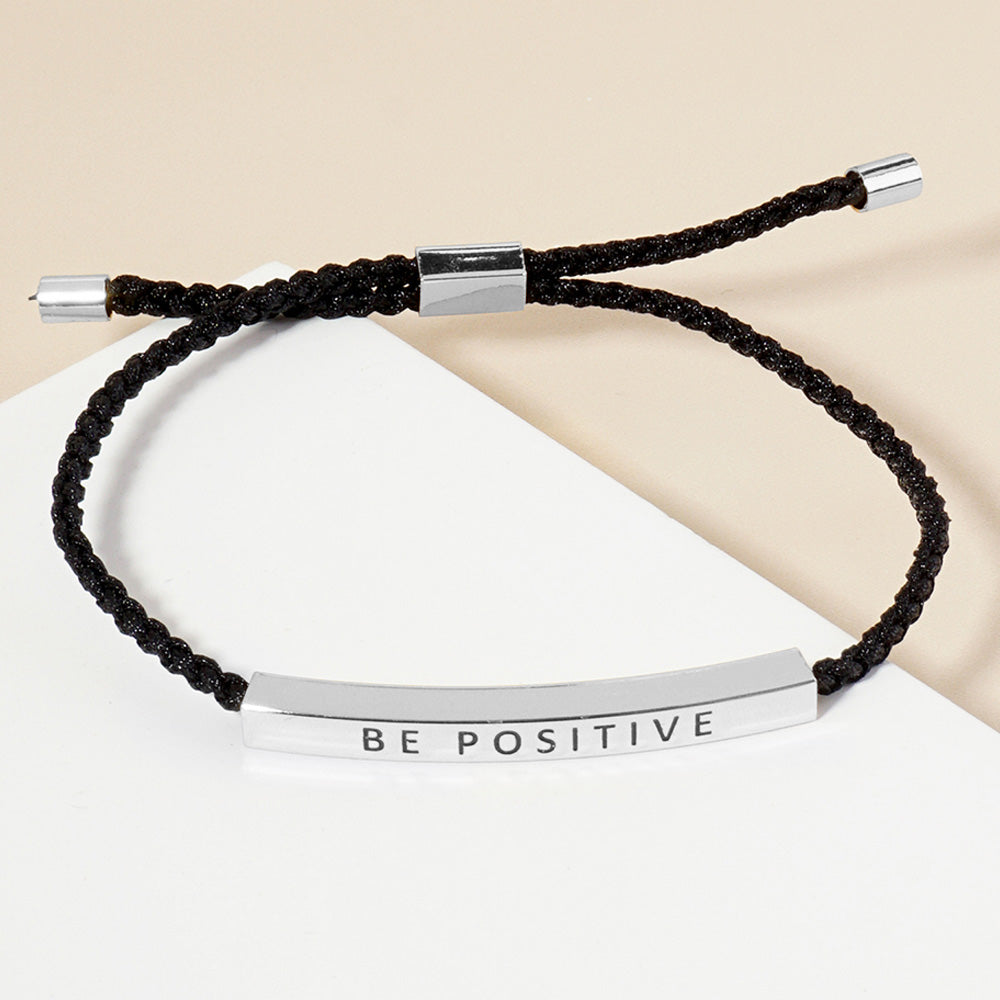 Madeline Love Rhodium White Gold Dipped BE POSITIVE Message Bar Pointed Rope Adjustable Cinch Pull Tie Bracelet - Bracelets