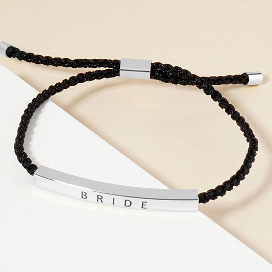 Madeline Love Rhodium White Gold Dipped BRIDE Message Bar Pointed Rope Adjustable Cinch Pull Tie Bracelet - Bracelets