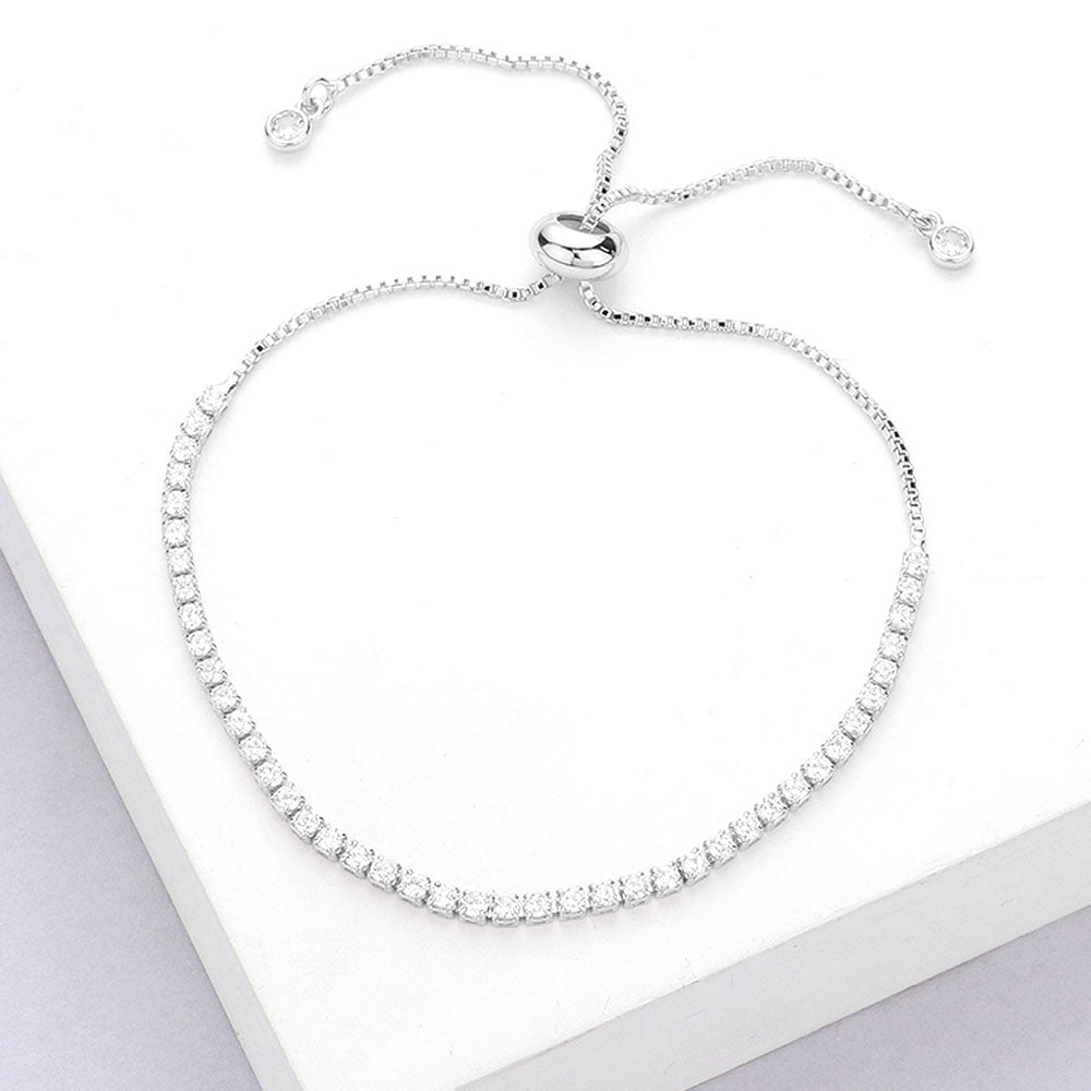 Madeline Love Silver Stainless Steel CZ Stone Tennis Chain Pull Tie Adjustable Bracelet