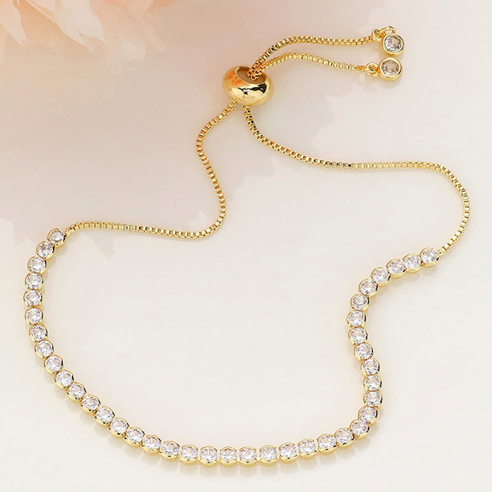 Madeline Love Clear, Gold Round CZ Stone Bezel Adjustable Pull Tie Bracelet - Bracelets