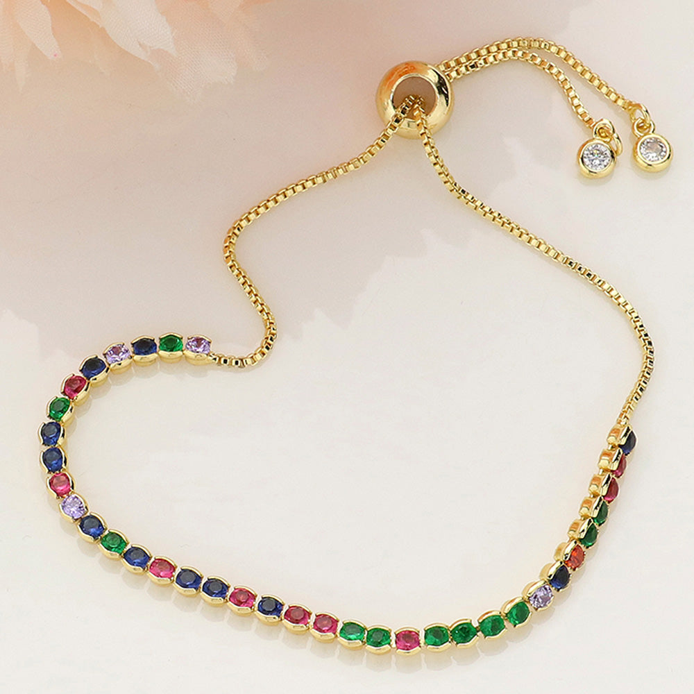 Madeline Love Gold, Multi Round CZ Stone Bezel Adjustable Pull Tie Bracelet - Bracelets