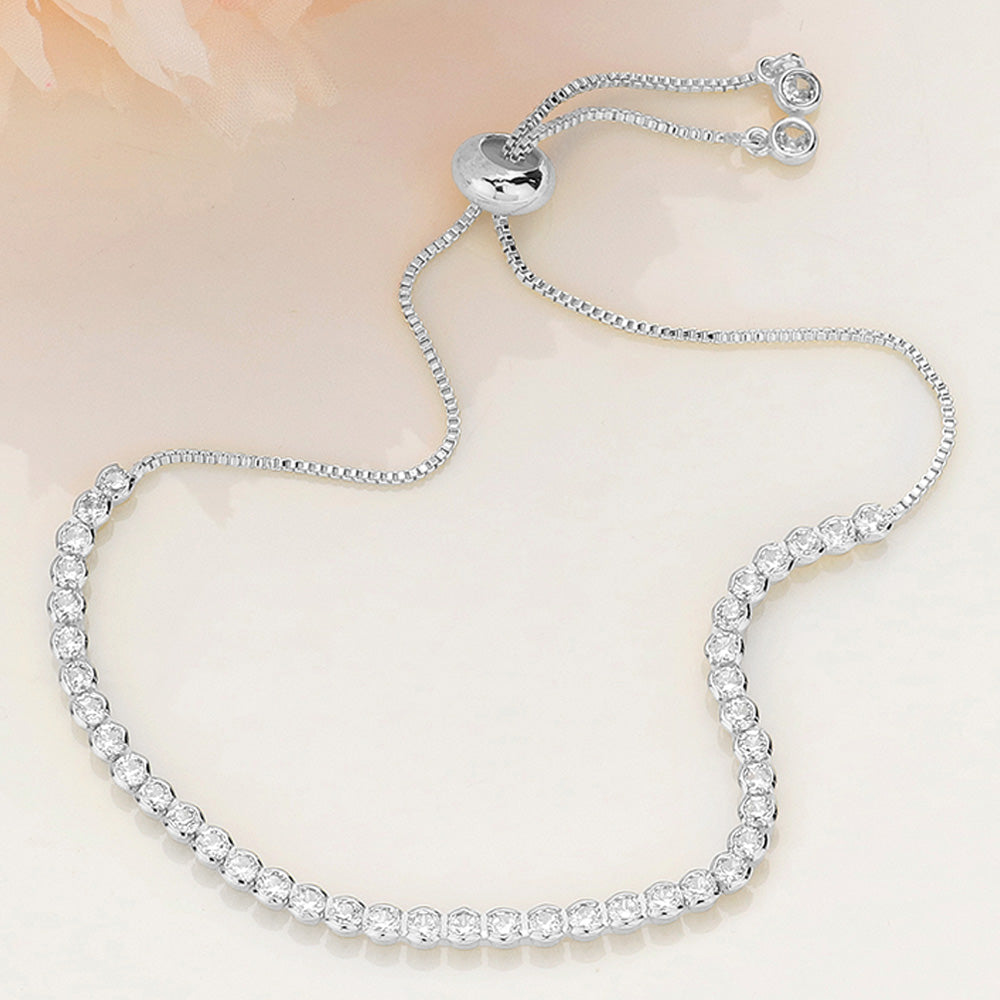 Madeline Love Clear, Silver Round CZ Stone Bezel Adjustable Pull Tie Bracelet - Bracelets