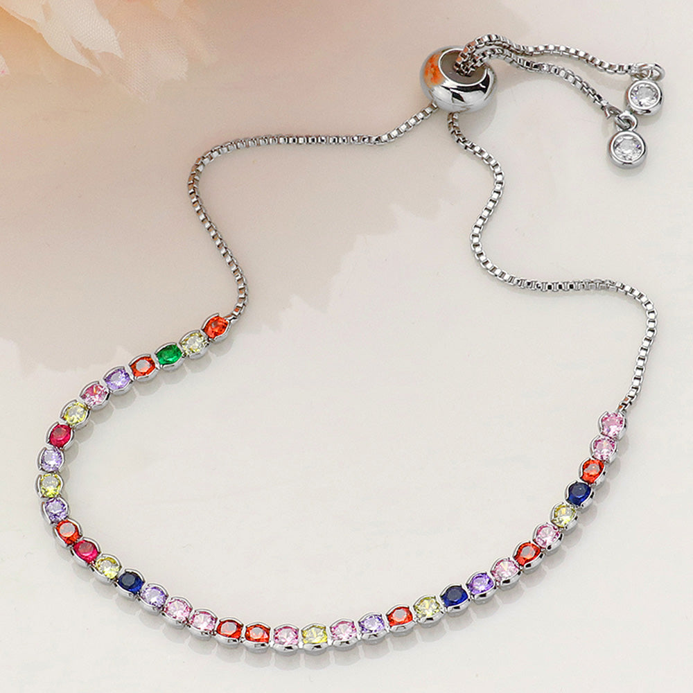 Madeline Love Multi, Silver Round CZ Stone Bezel Adjustable Pull Tie Bracelet - Bracelets