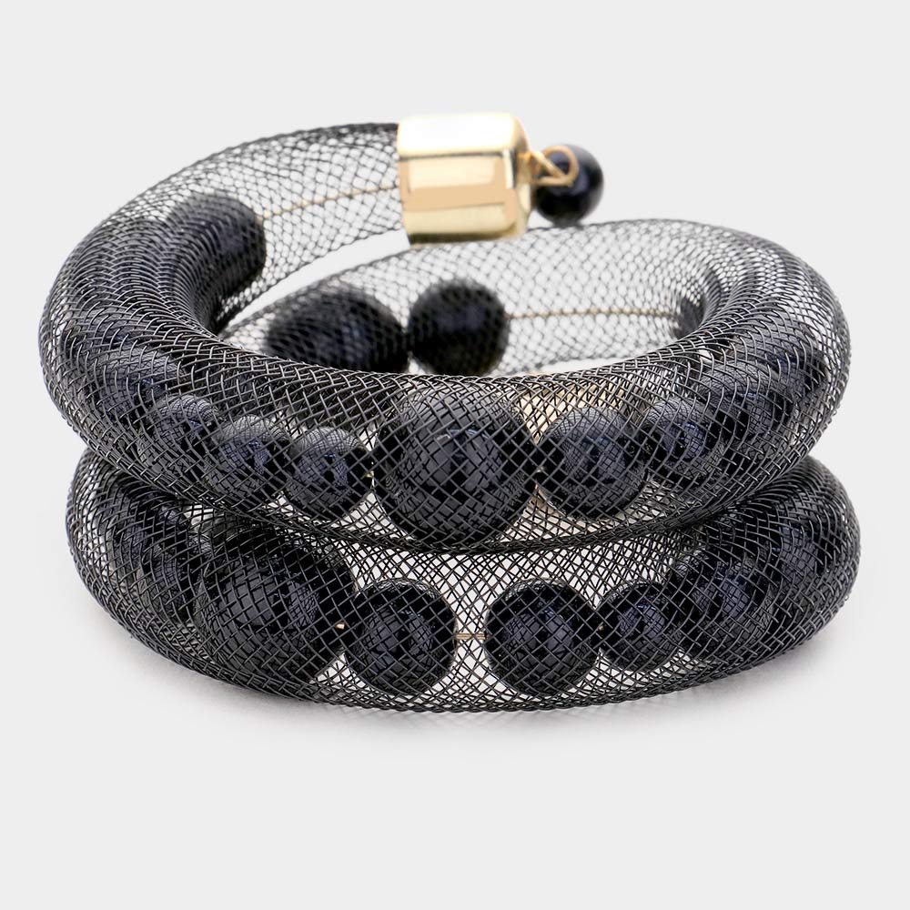 Madeline Love Black, Gold Mesh Tube Pearl Adjustable Bracelet - Bracelets