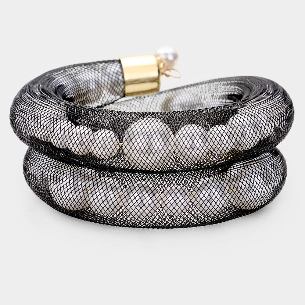 Madeline Love Black, White Mesh Tube Pearl Adjustable Bracelet - Bracelets