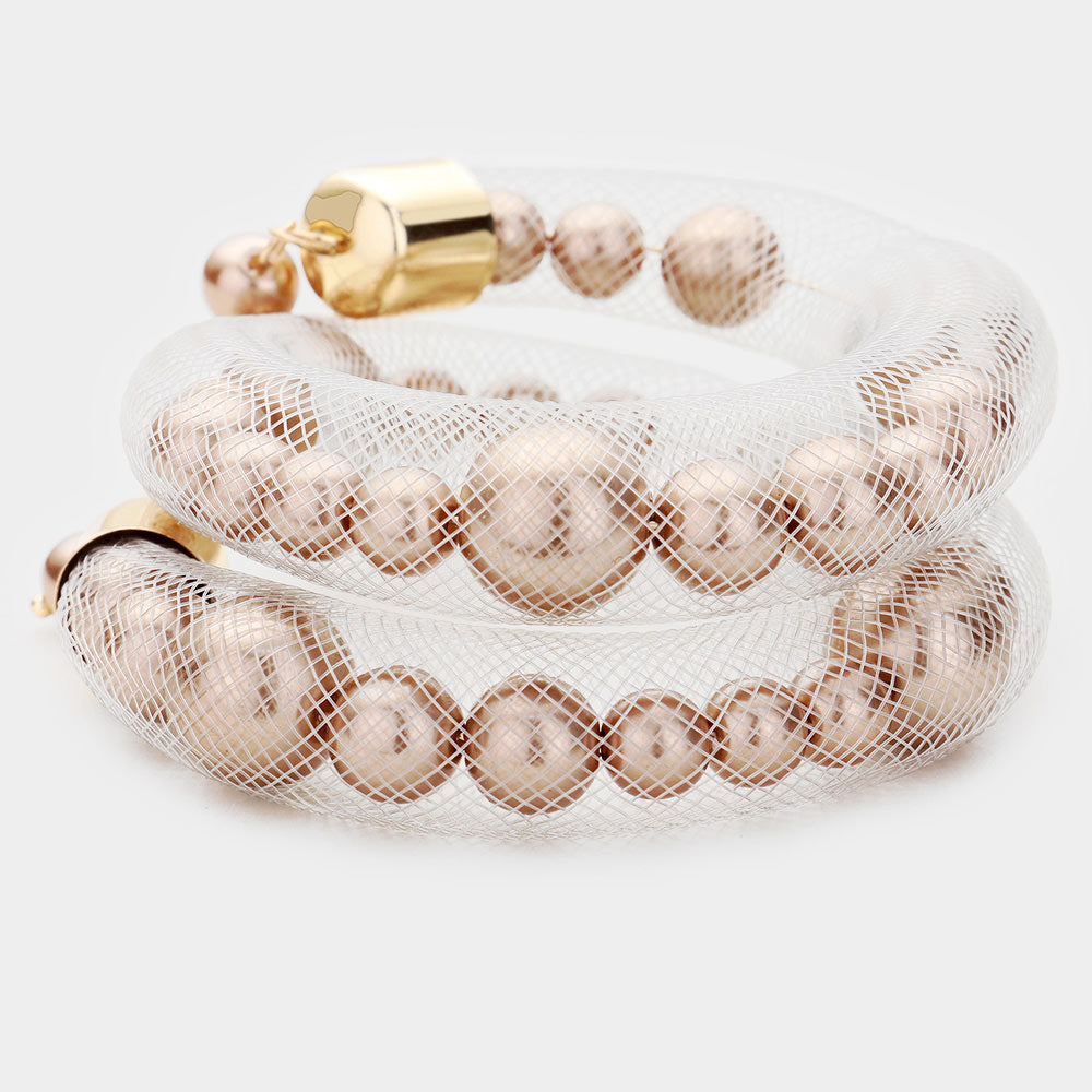 Madeline Love Brown, Gold, Silver Mesh Tube Pearl Adjustable Bracelet - Bracelets