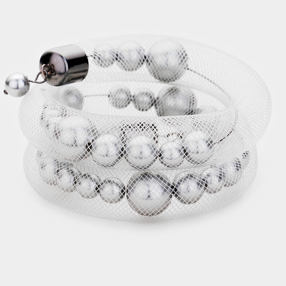 Madeline Love Gray, Silver Mesh Tube Pearl Adjustable Bracelet - Bracelets