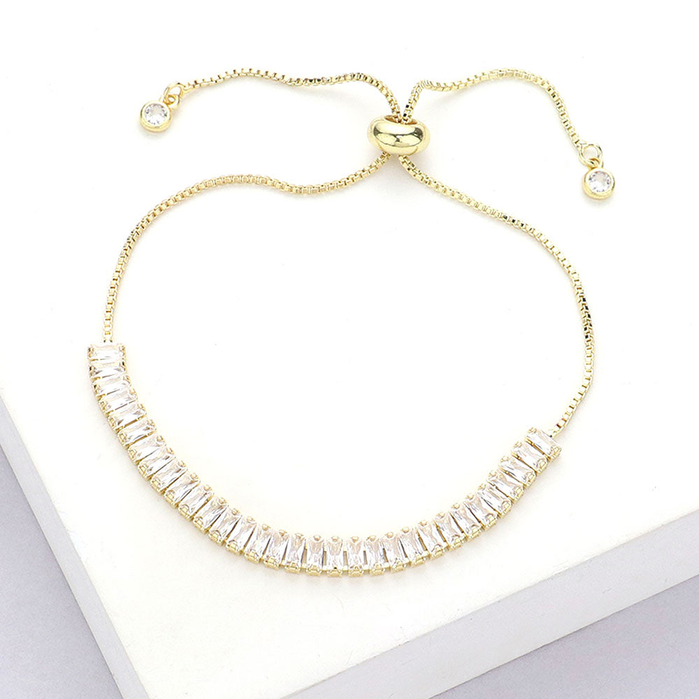 Madeline Love Gold Stainless Steel Baguette CZ Stone Tennis Chain Pull Tie Adjustable Bracelet - Bracelets