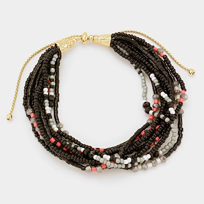 Madeline Love Black, Gold Multi-strand Boho Beaded Adjustable Pull Tie Bracelet - Bracelets