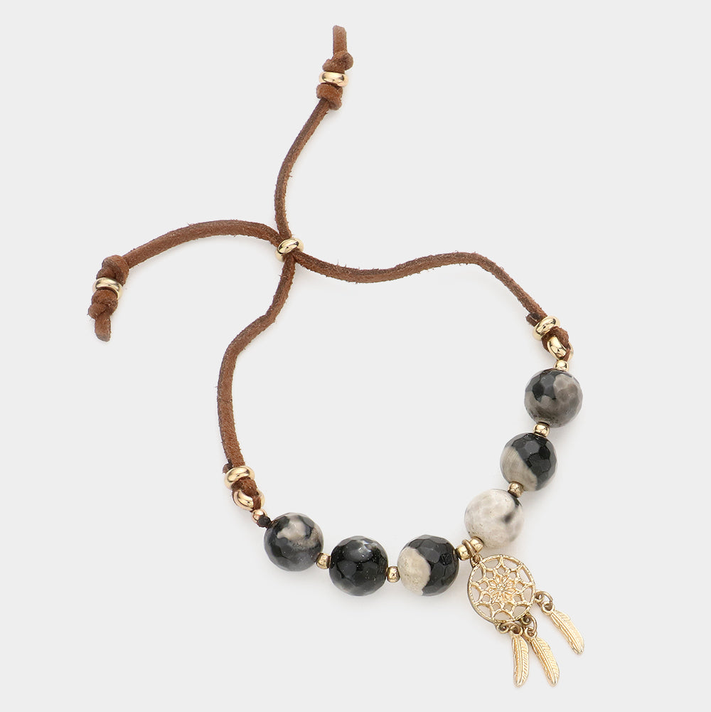 Madeline Love Beige, Gold Dream Catcher Charm Semi Precious Stone Faux Suede Adjustable Pull Tie Bracelet - Bracelets