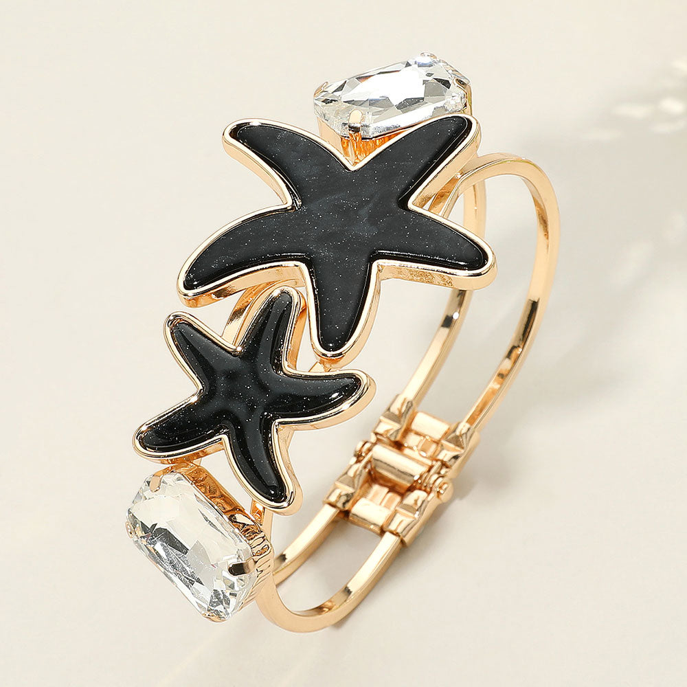 Madeline Love Black Glittered Resin Double Starfish Hinged Bangle Bracelet - Bracelets