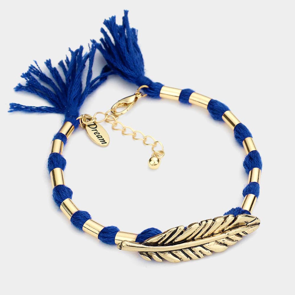 Madeline Love Blue, Gold Burnished "Dream" Feather Accented Thread Tassel Bracelet - Bracelets