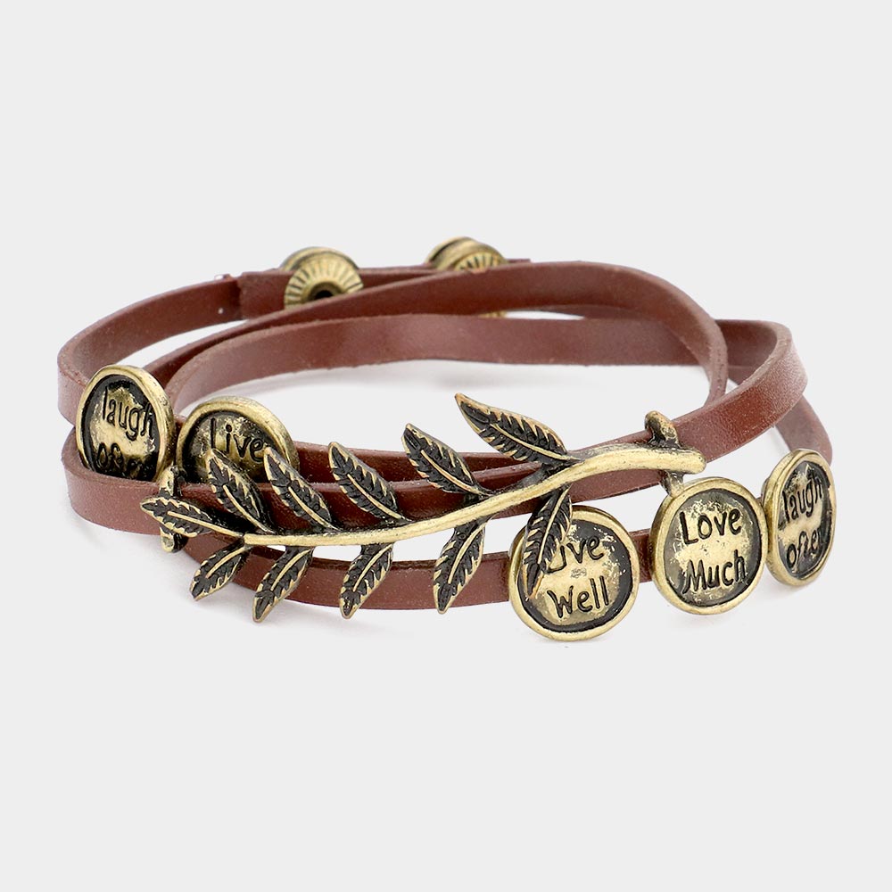 Madeline Love Brown, Gold Burnished Message Disc Cluster Laurel Faux Leather Wrap Bracelet - Bracelets