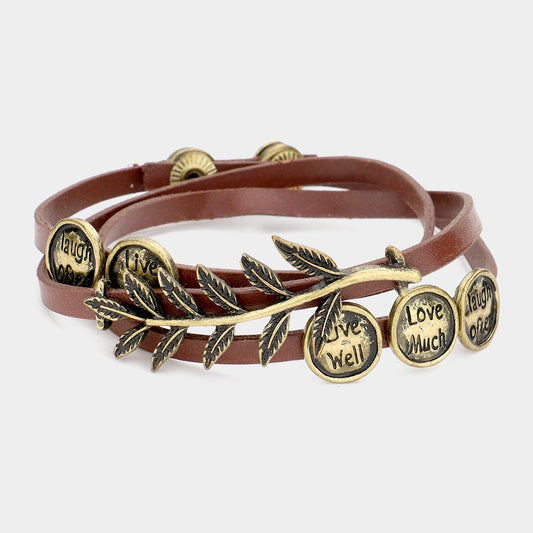 Madeline Love Brown, Gold Burnished Message Disc Cluster Laurel Faux Leather Wrap Bracelet - Bracelets