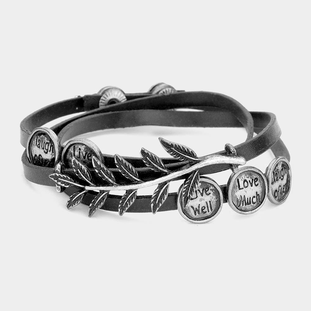 Madeline Love Black, Silver Burnished Message Disc Cluster Laurel Faux Leather Wrap Bracelet - Bracelets