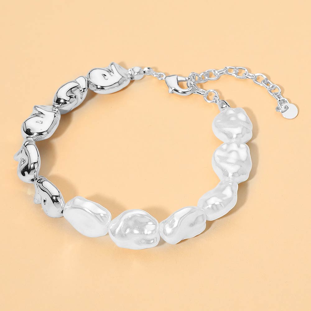 Madeline Love Cream, Rhodium Elegant Pearl Metal Pebble Link Bracelet
