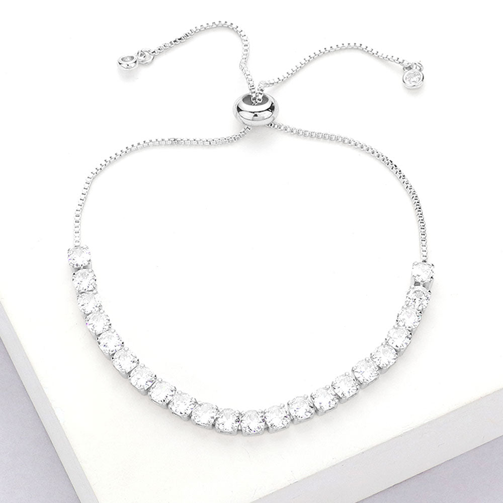 Madeline Love Silver Stainless Steel Round CZ Stone Tennis Chain Pull Tie Adjustable Bracelet