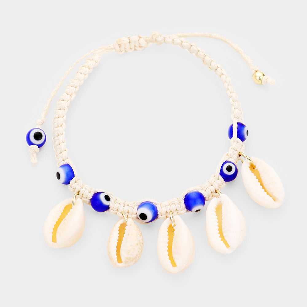 Gold, Ivory Puka Shell Evil Eye Cord Braid Adjustable Cinch Pull Tie Bracelet