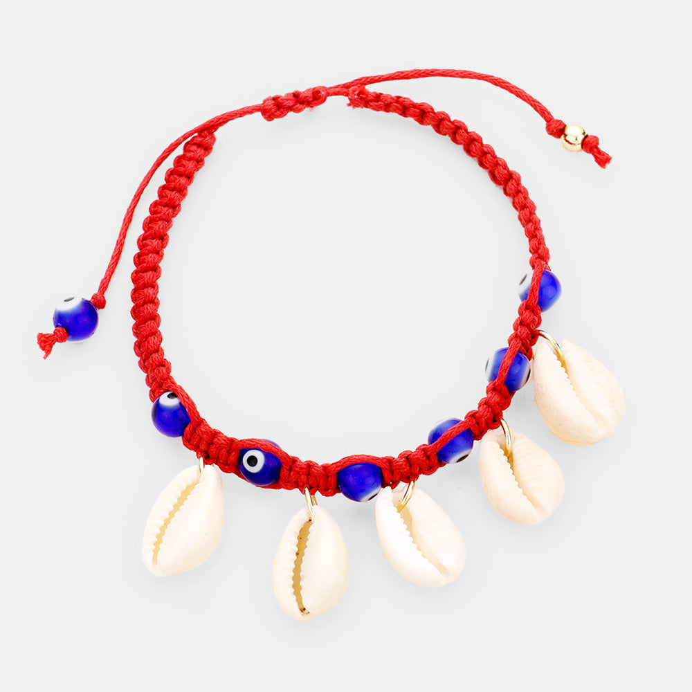 Gold, Red Puka Shell Evil Eye Cord Braid Adjustable Cinch Pull Tie Bracelet