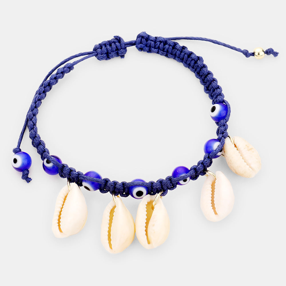 Gold, Sapphire Puka Shell Evil Eye Cord Braid Adjustable Cinch Pull Tie Bracelet