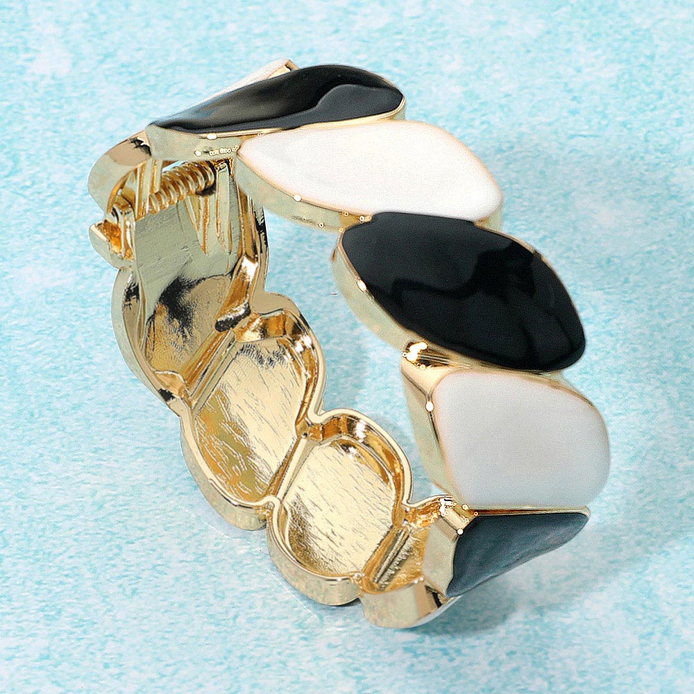 Madeline Love Black, White Enamel Marquise Link Hinged Bangle Bracelet - Bracelets