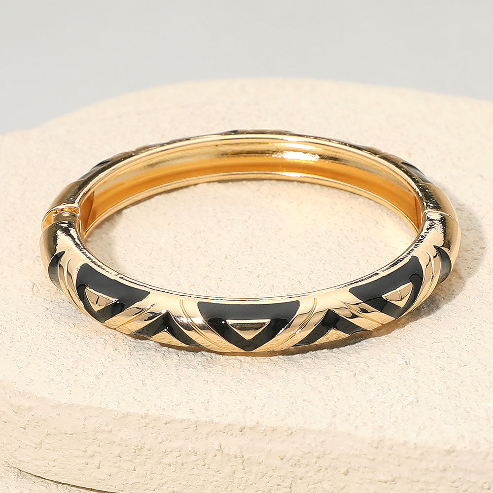Madeline Love Black, Gold Geometric Pattern Enamel Inlay Hinged Bangle Bracelet - Bracelets