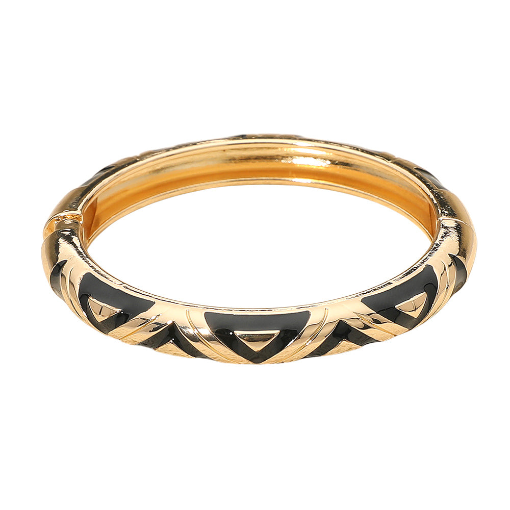 Madeline Love Black, Gold Geometric Pattern Enamel Inlay Hinged Bangle Bracelet - Bracelets - desc