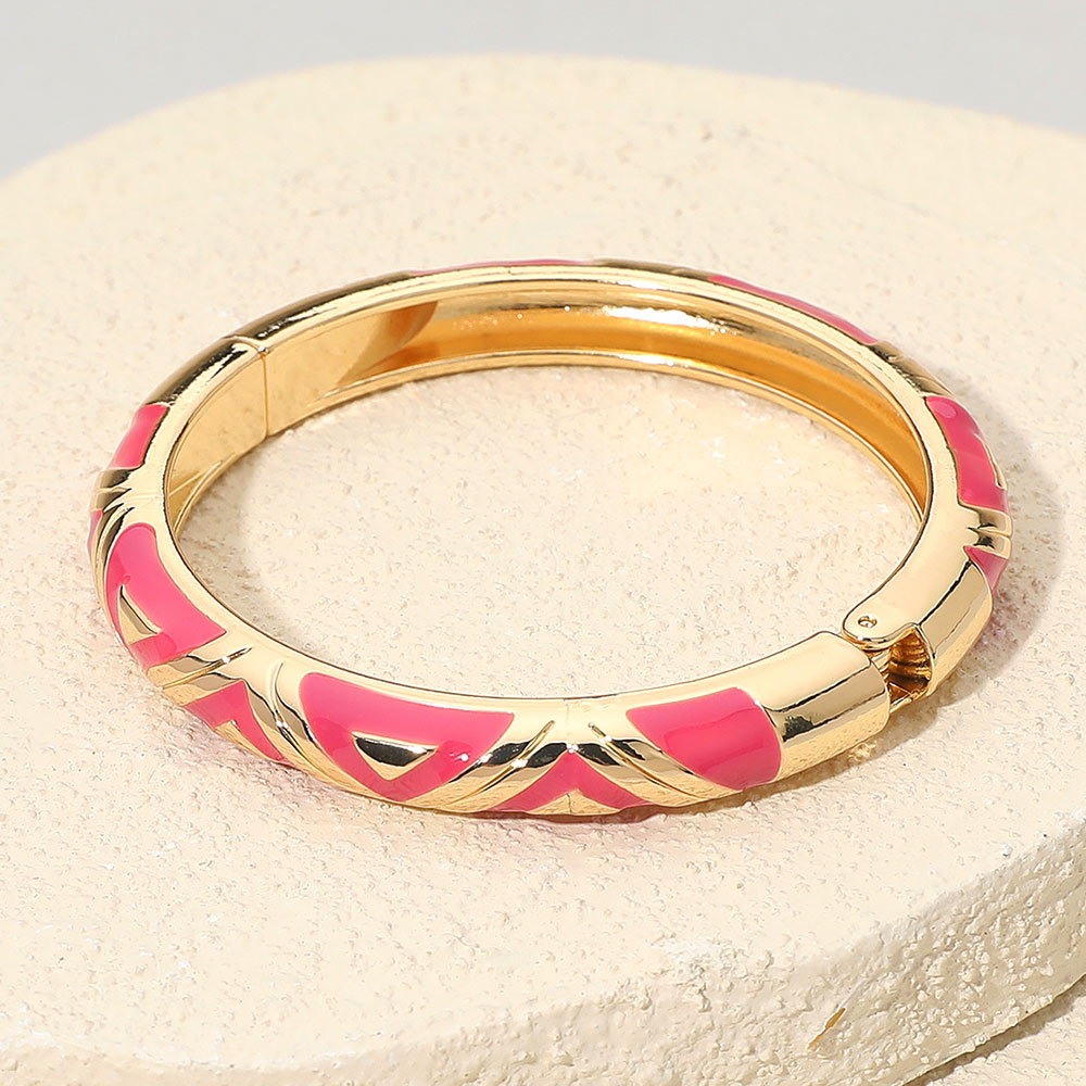 Madeline Love Fuchsia, Gold Geometric Pattern Enamel Inlay Hinged Bangle Bracelet - Bracelets