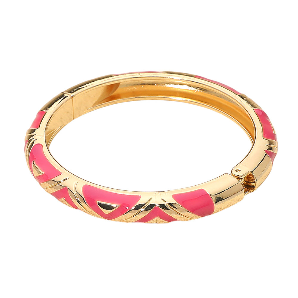Madeline Love Fuchsia, Gold Geometric Pattern Enamel Inlay Hinged Bangle Bracelet - Bracelets - desc