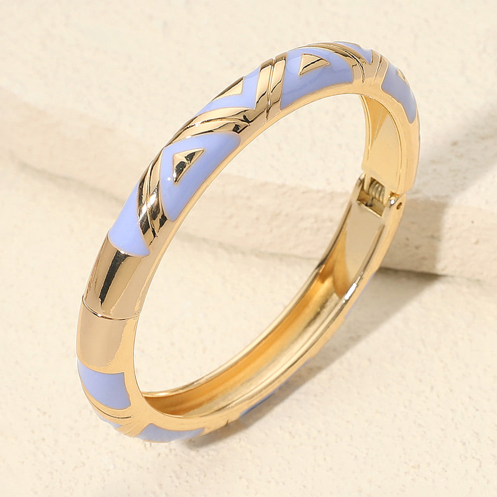 Madeline Love Gold, Purple Geometric Pattern Enamel Inlay Hinged Bangle Bracelet - Bracelets
