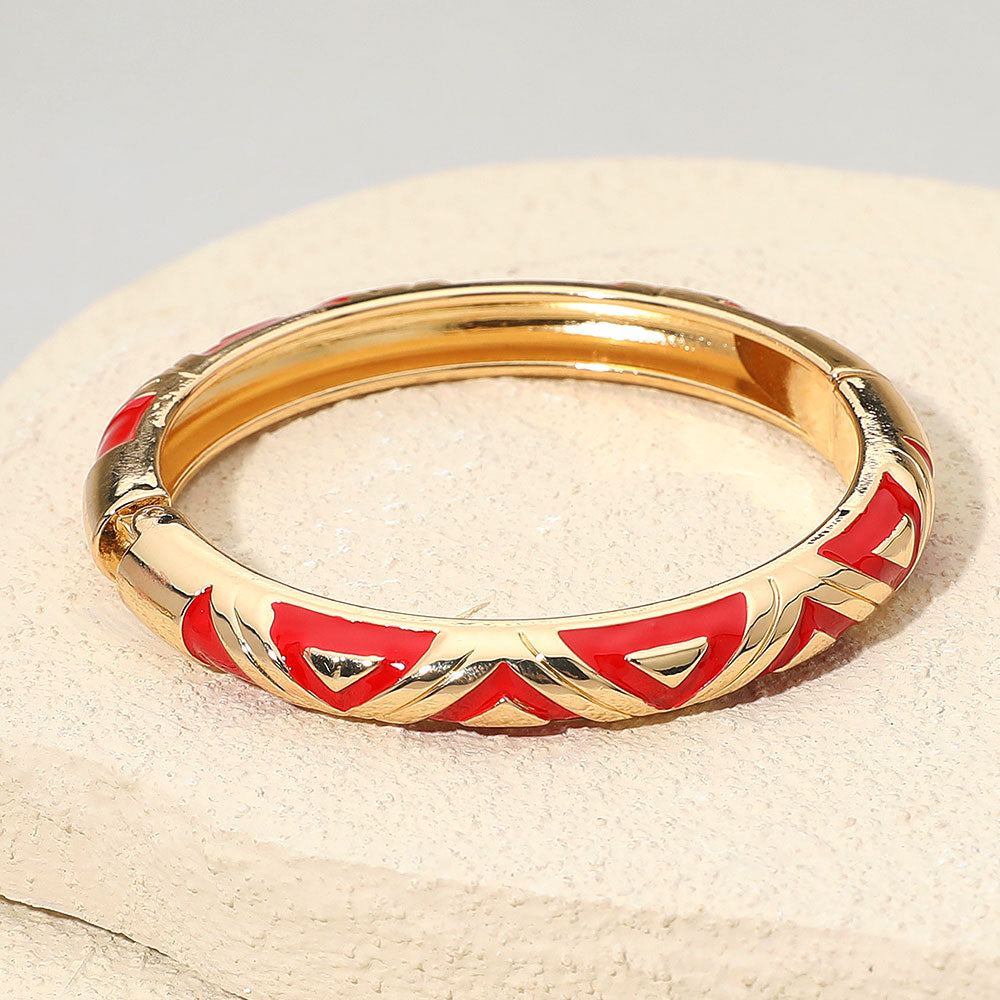 Madeline Love Gold, Red Geometric Pattern Enamel Inlay Hinged Bangle Bracelet - Bracelets