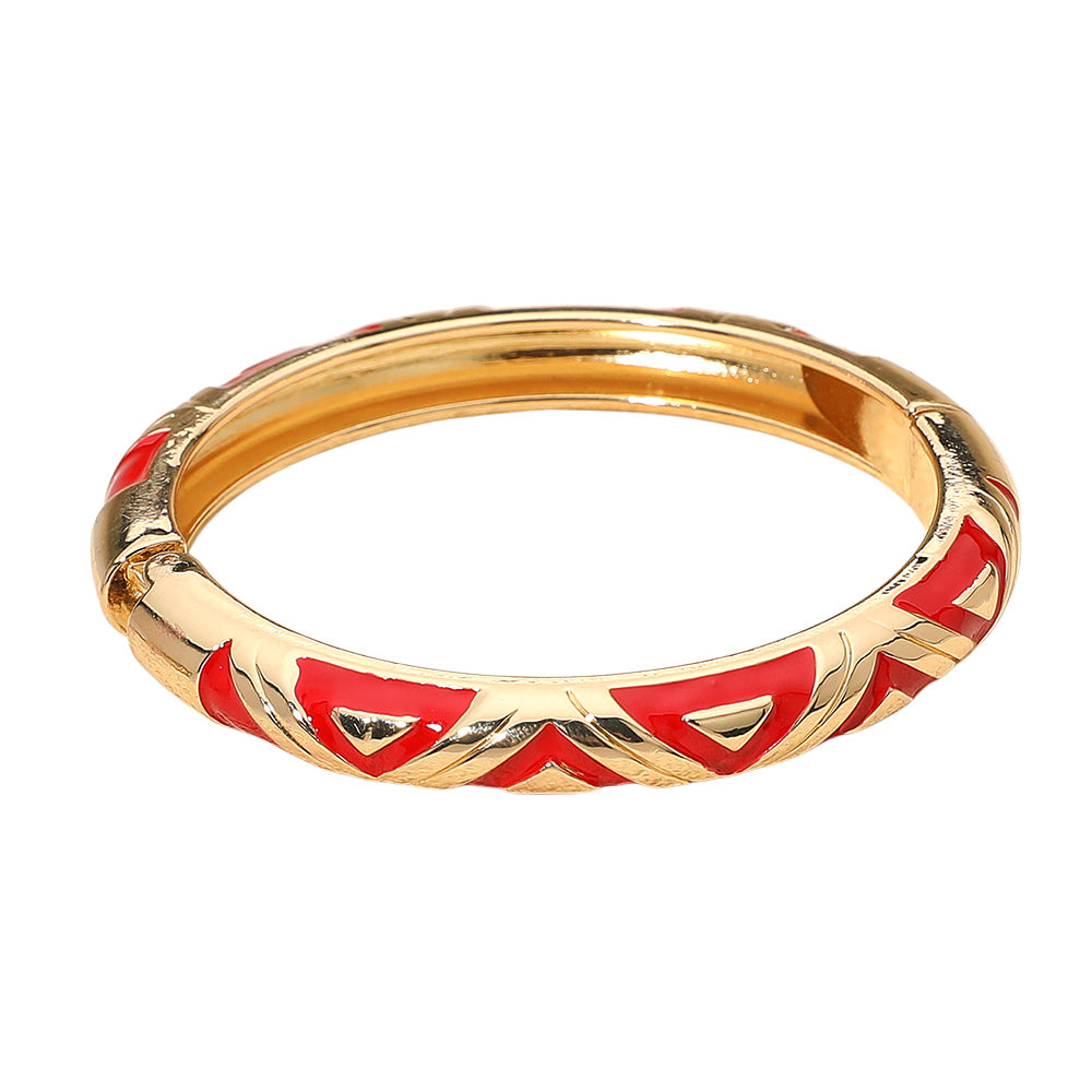 Madeline Love Gold, Red Geometric Pattern Enamel Inlay Hinged Bangle Bracelet - Bracelets - desc
