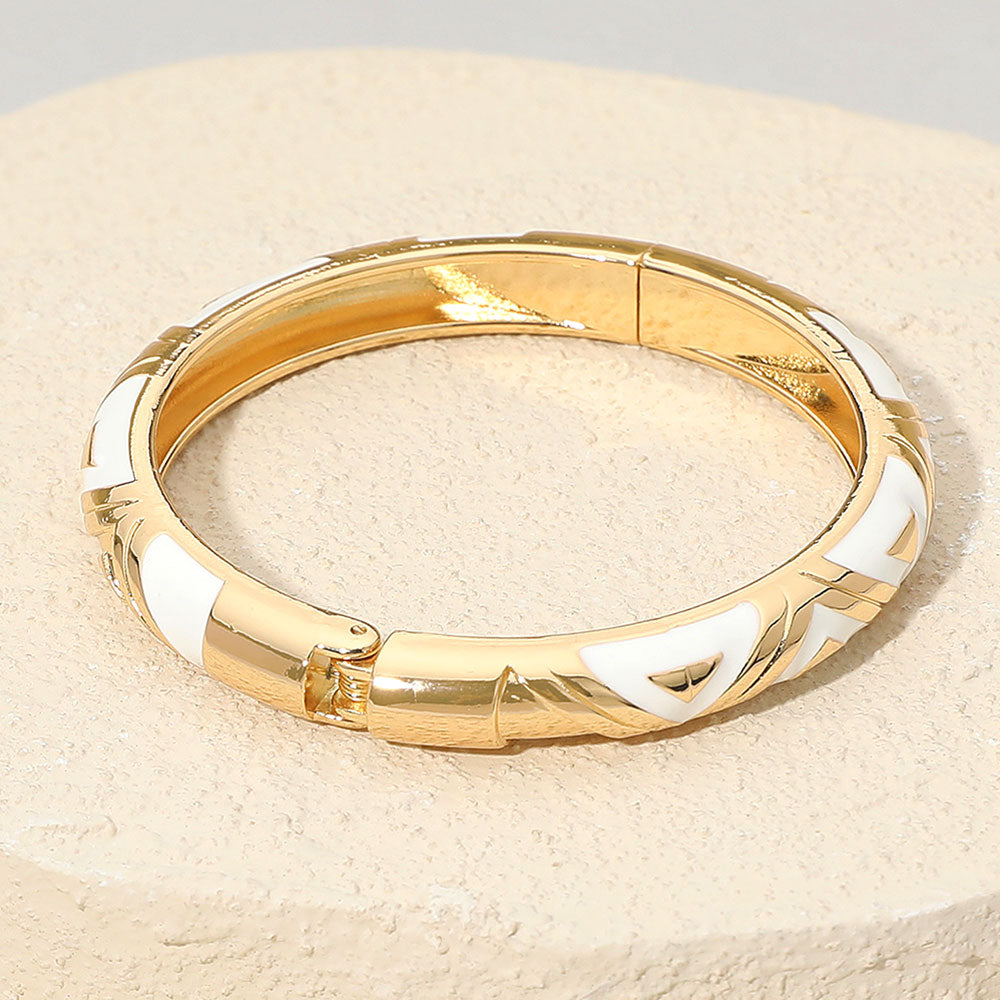 Madeline Love Gold, Red Geometric Pattern Enamel Inlay Hinged Bangle Bracelet - Bracelets - extra
