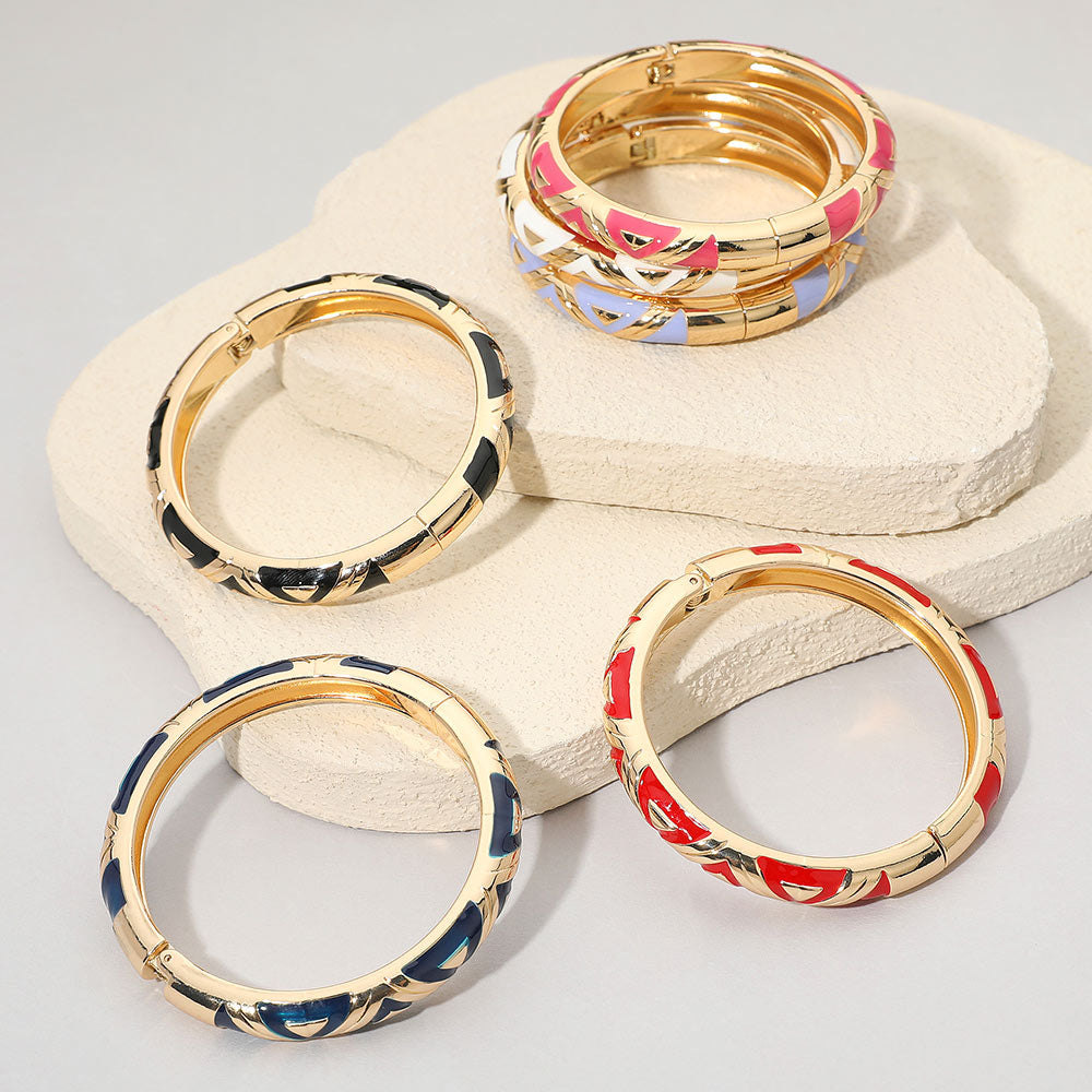 Madeline Love Gold, Red Geometric Pattern Enamel Inlay Hinged Bangle Bracelet - Bracelets - extra