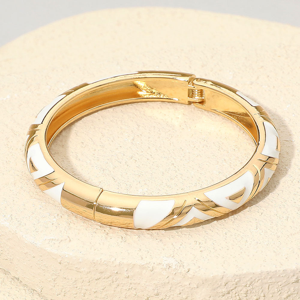 Madeline Love Gold, White Geometric Pattern Enamel Inlay Hinged Bangle Bracelet - Bracelets
