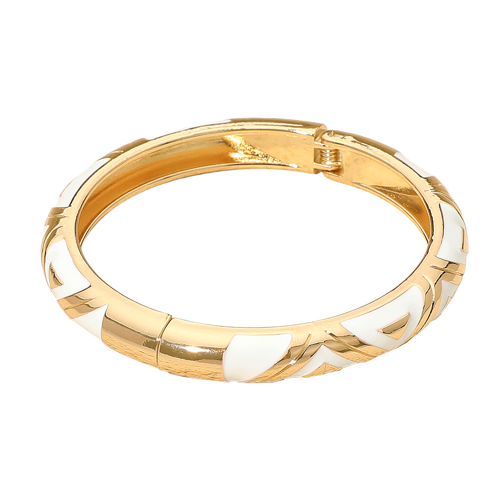 Madeline Love Gold, White Geometric Pattern Enamel Inlay Hinged Bangle Bracelet - Bracelets - desc