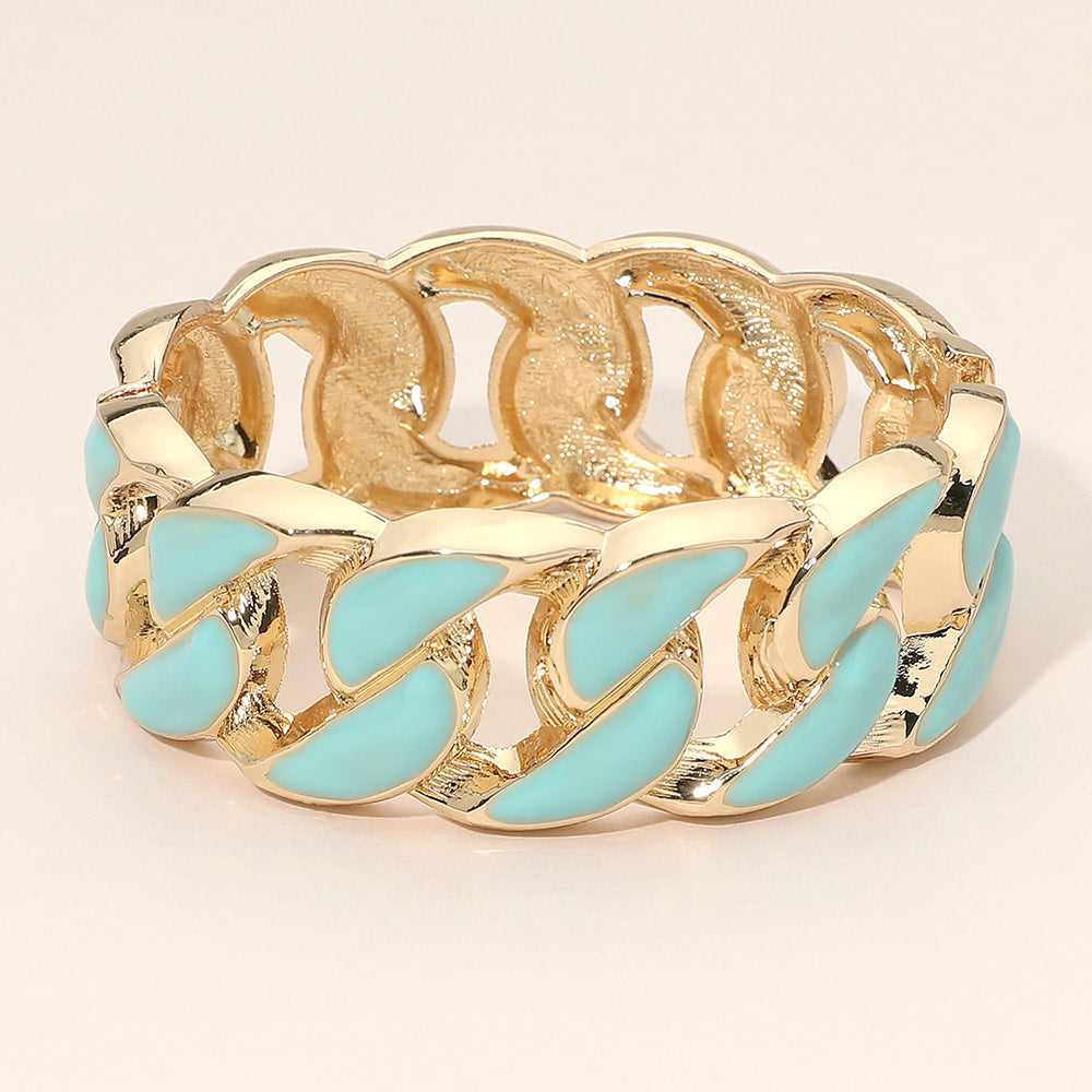 Madeline Love Turquoise Chunky Enamel Inlay Curb Chain Hinged Bangle Bracelet