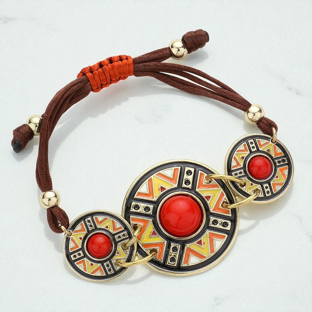 Madeline Love Gold, Red Aztec Triple Round Cinch Pull Tie Bracelet - Bracelets
