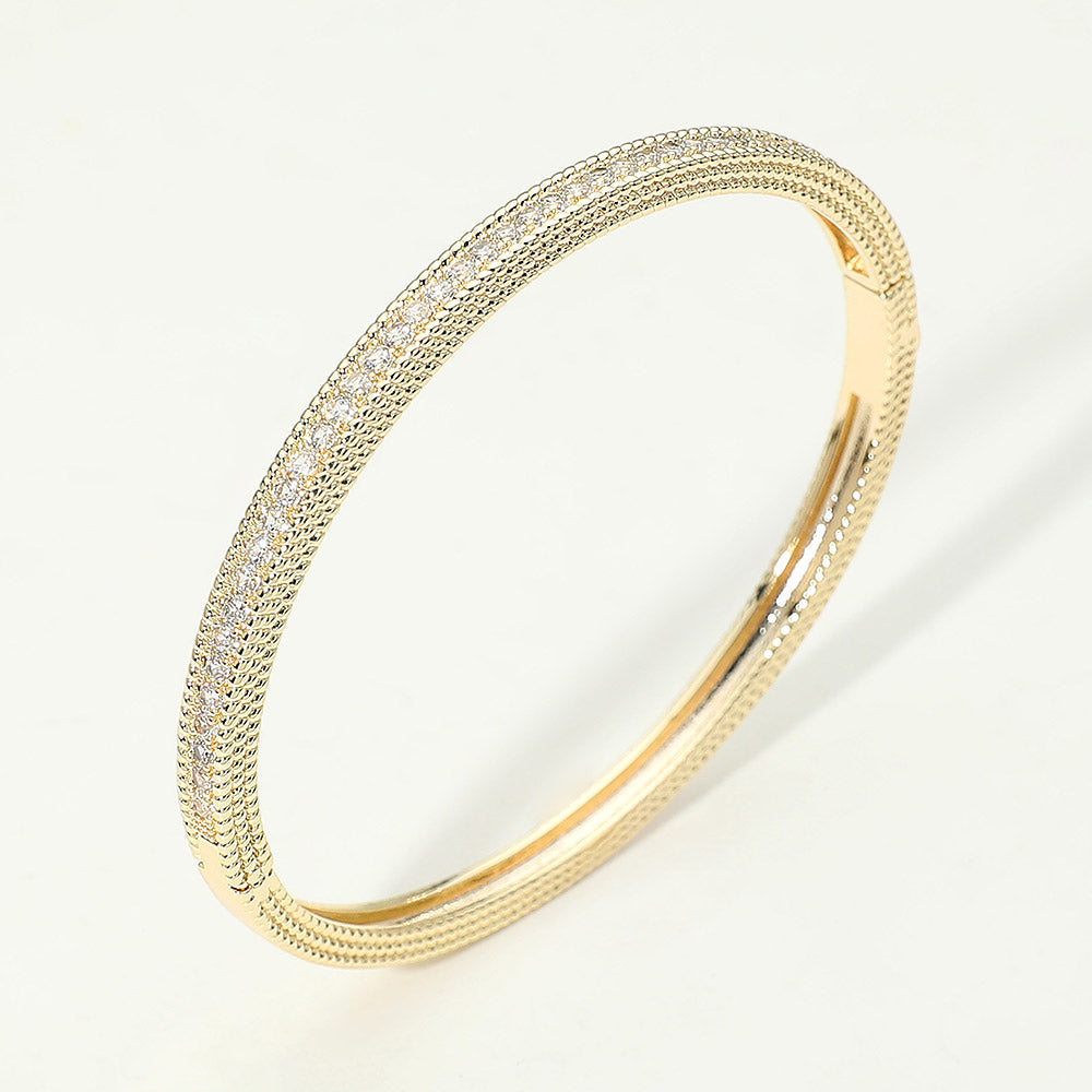 Madeline Love Gold 14K Gold Plated CZ Pave Textured Hinged Bangle Bracelet