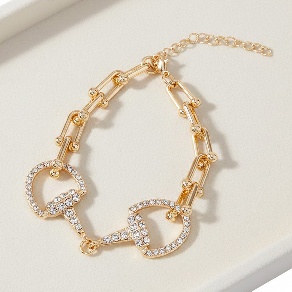 Madeline Love Gold Gold Plated Hypoallergenic Rhinestone Pave Horsebit Accent Industrial Link Chain Bracelet
