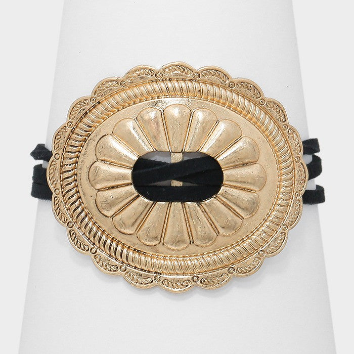 Madeline Love Black, Gold Burnished Wide antique metal cinch bracelet - Bracelets