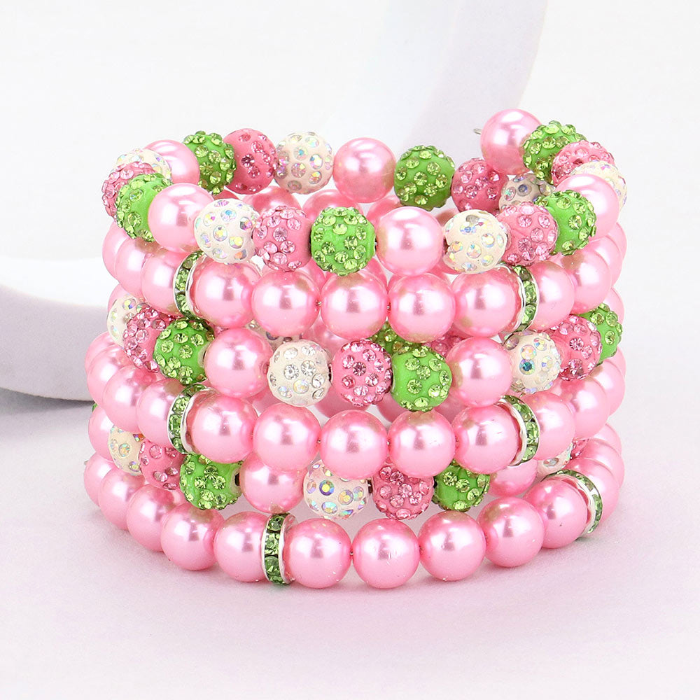 Madeline Love Pink&Green Pearl Shamballa Ball Beaded Adjustable Strand Bracelet - Bracelets