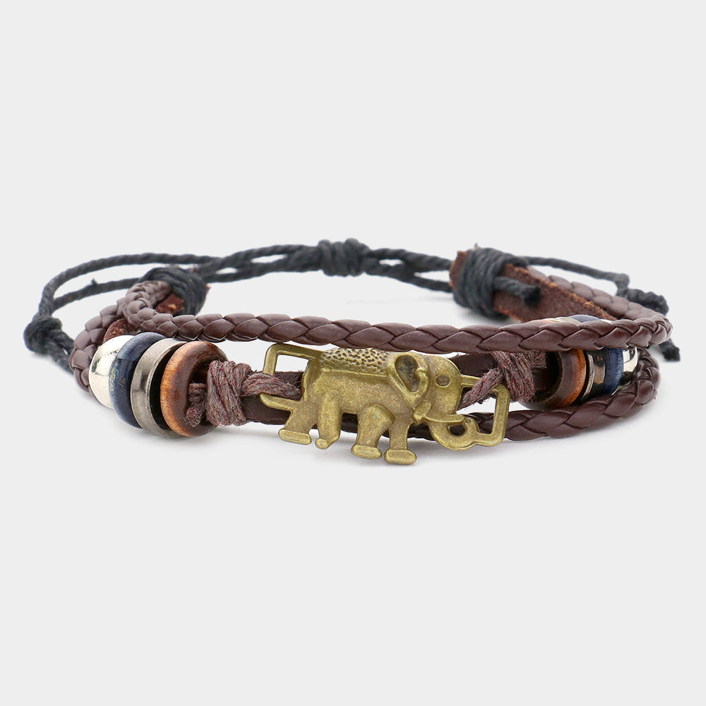 Madeline Love Multi Metal Elephant Multi-Tier Faux Leather Adjustable Cinch Pull Tie Bracelet - Bracelets