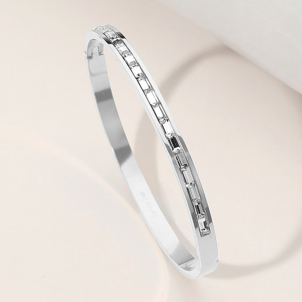 Madeline Love Clear, Silver Stainless Steel Baguette Stone Paved Hinged Bangle Bracelet - Bracelets