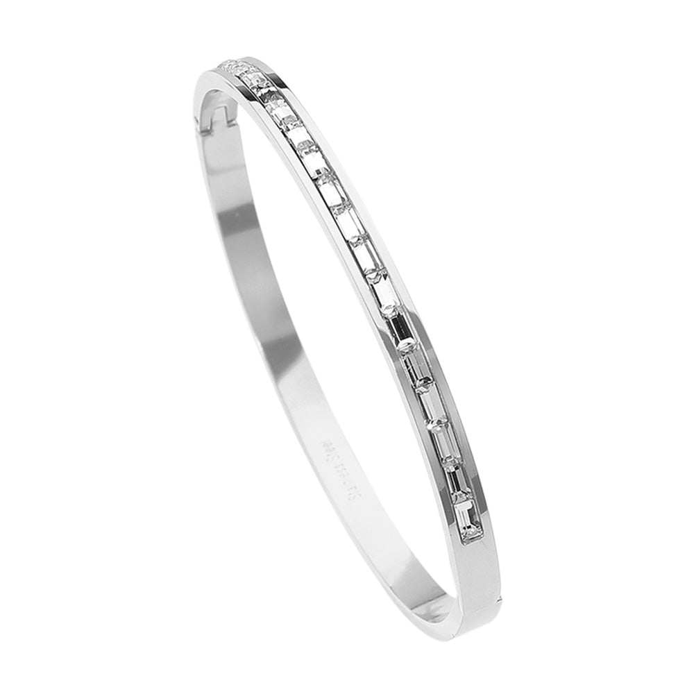 Madeline Love Clear, Silver Stainless Steel Baguette Stone Paved Hinged Bangle Bracelet - Bracelets - desc