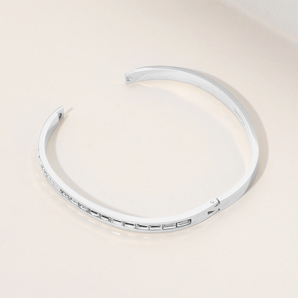 Madeline Love Clear, Silver Stainless Steel Baguette Stone Paved Hinged Bangle Bracelet - Bracelets - extra