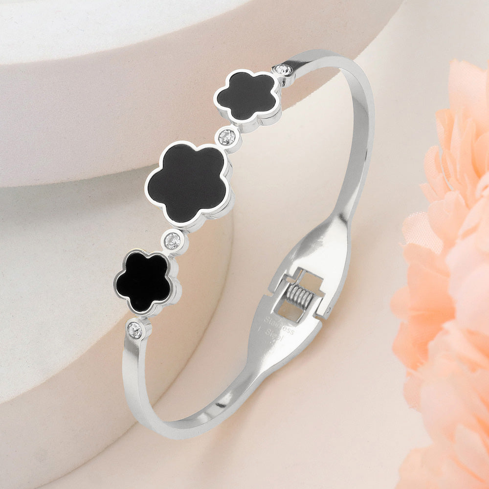 Madeline Love Black, Silver Stainless Steel Triple Quatrefoil Stone Bezel Pointed Hinged Bangel Bracelet - Bracelets