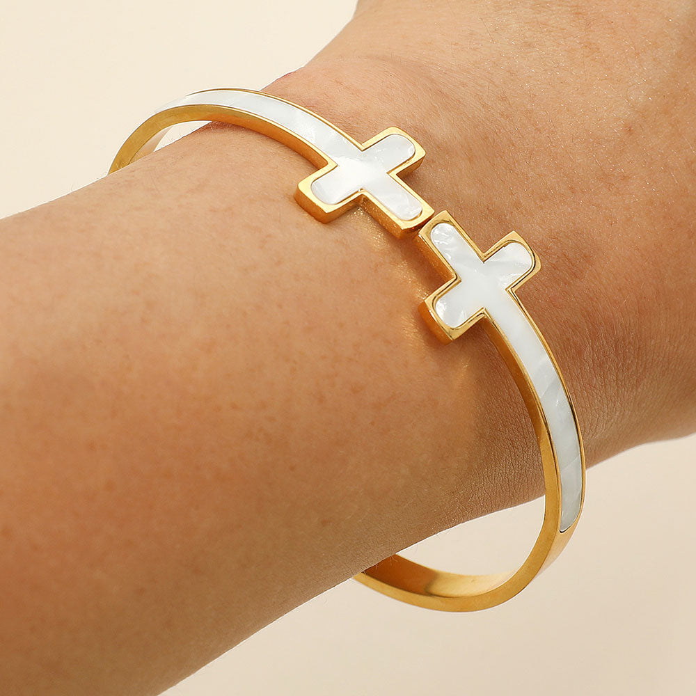 Madeline Love Gold, Mother of Pearl Stainless Steel Mother of Pearl Double Cross Tip Hinged Bangle Bracelet - Bracelets