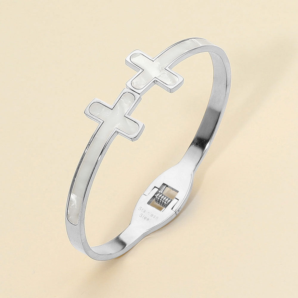 Madeline Love Mother of Pearl, Silver Stainless Steel Mother of Pearl Double Cross Tip Hinged Bangle Bracelet - Bracelets