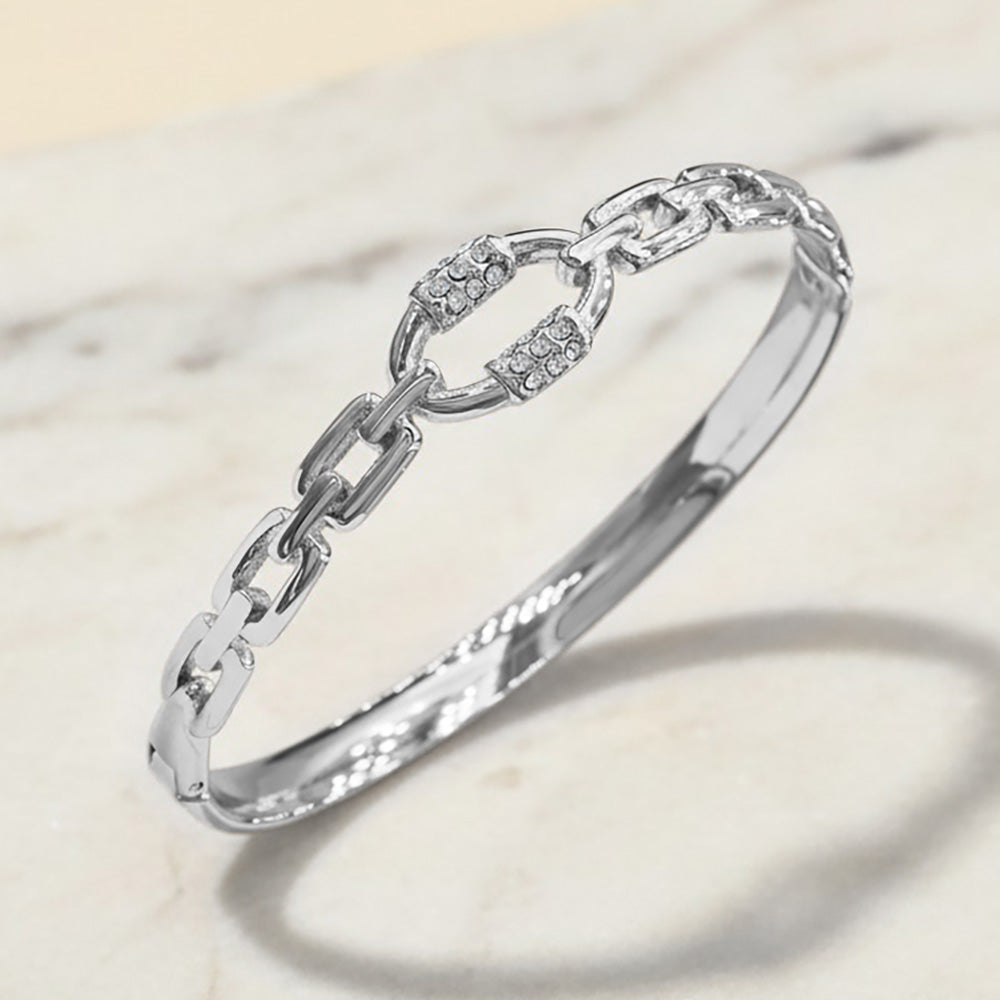 Madeline Love Silver Stainless Steel CZ Accent Chain Link Hinged Bangle Bracelet